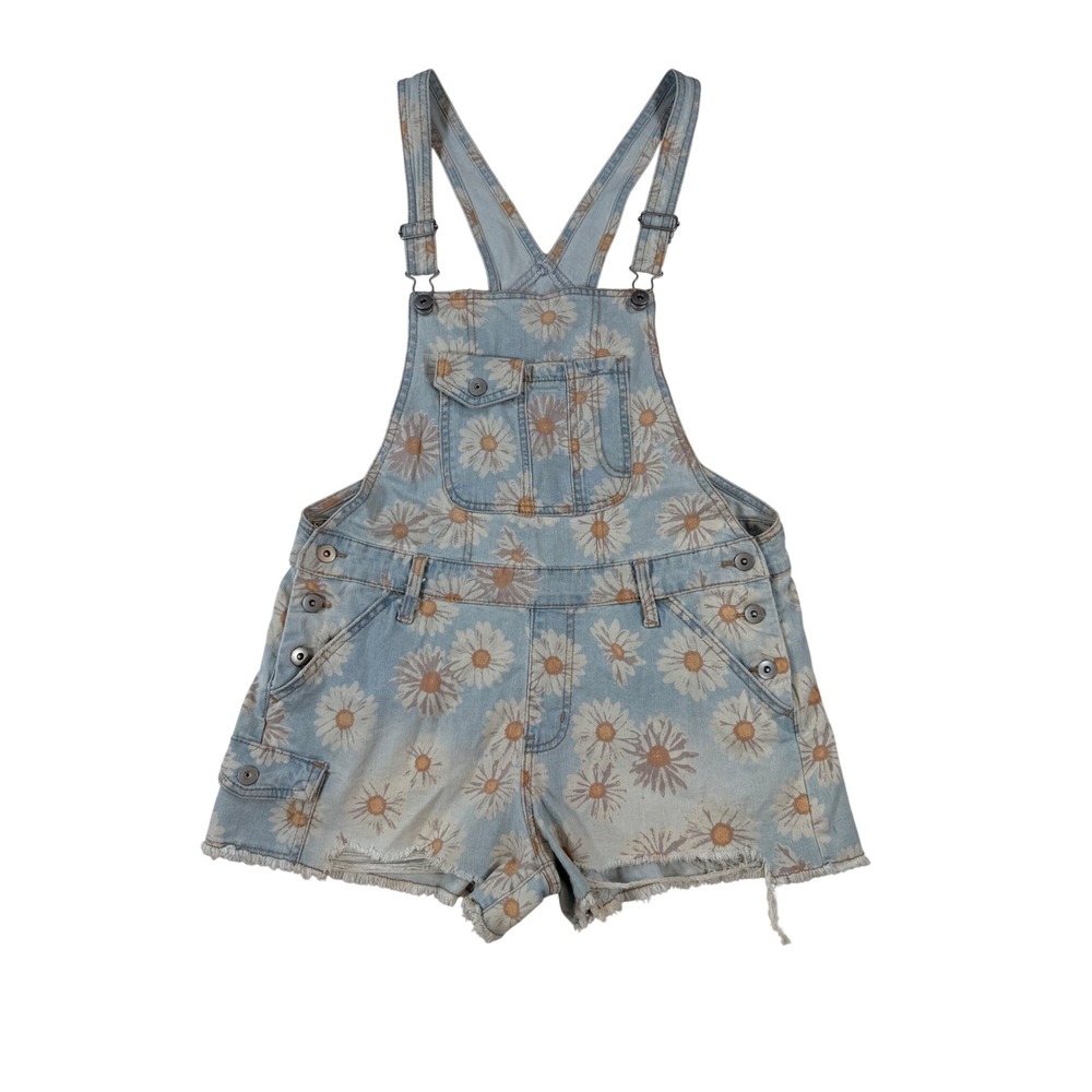 Large Denim Shortalls Daisy Floral Cotton Distressed Overalls Cottagecore boho